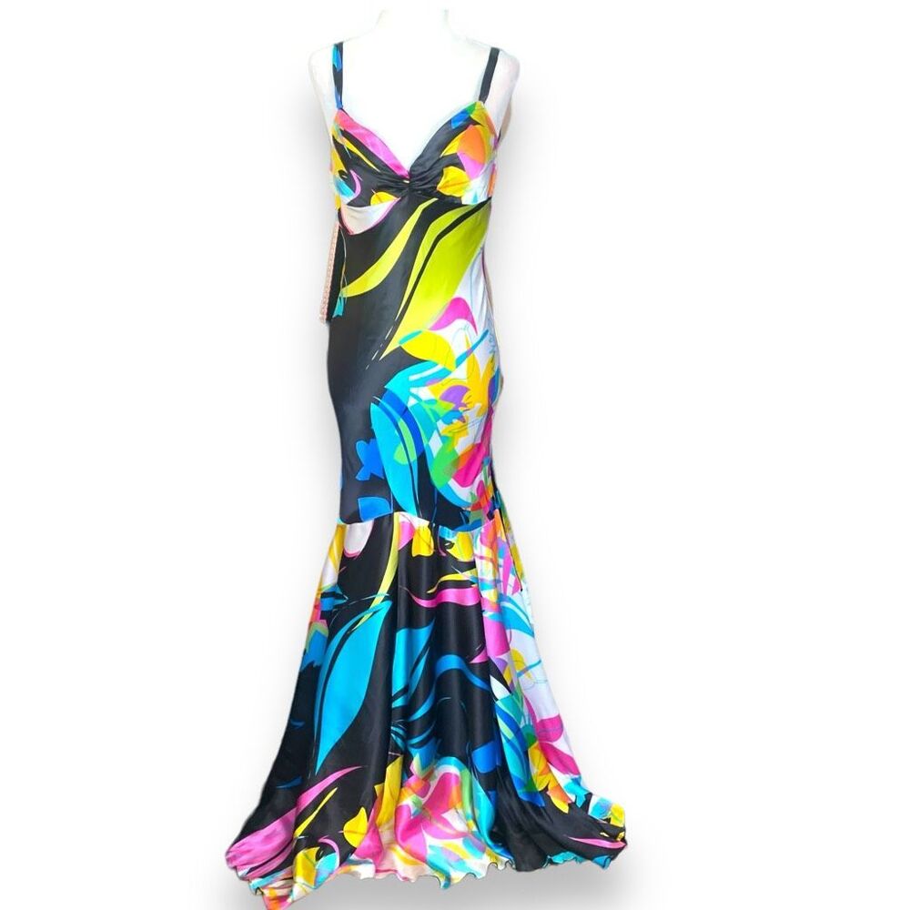 Vintage Cache Dress Multicolor Abstract Art Fishtail Open Tie Back Silk Maxi